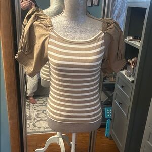 J. Crew Tan and White Striped Short Sleeve Top